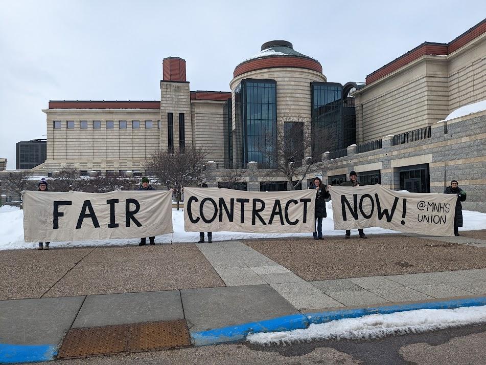 Fair Contract Now banner in front of the Minnesota History Center