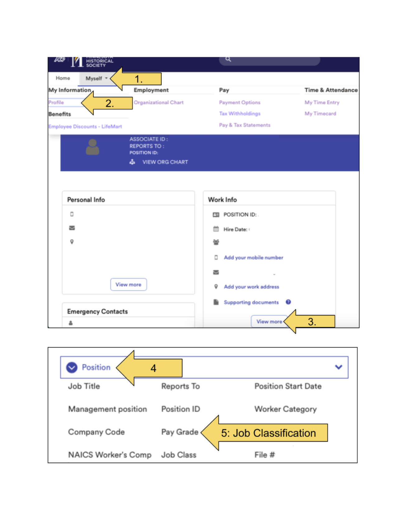 Visual instructions on how to find your job classification in ADP