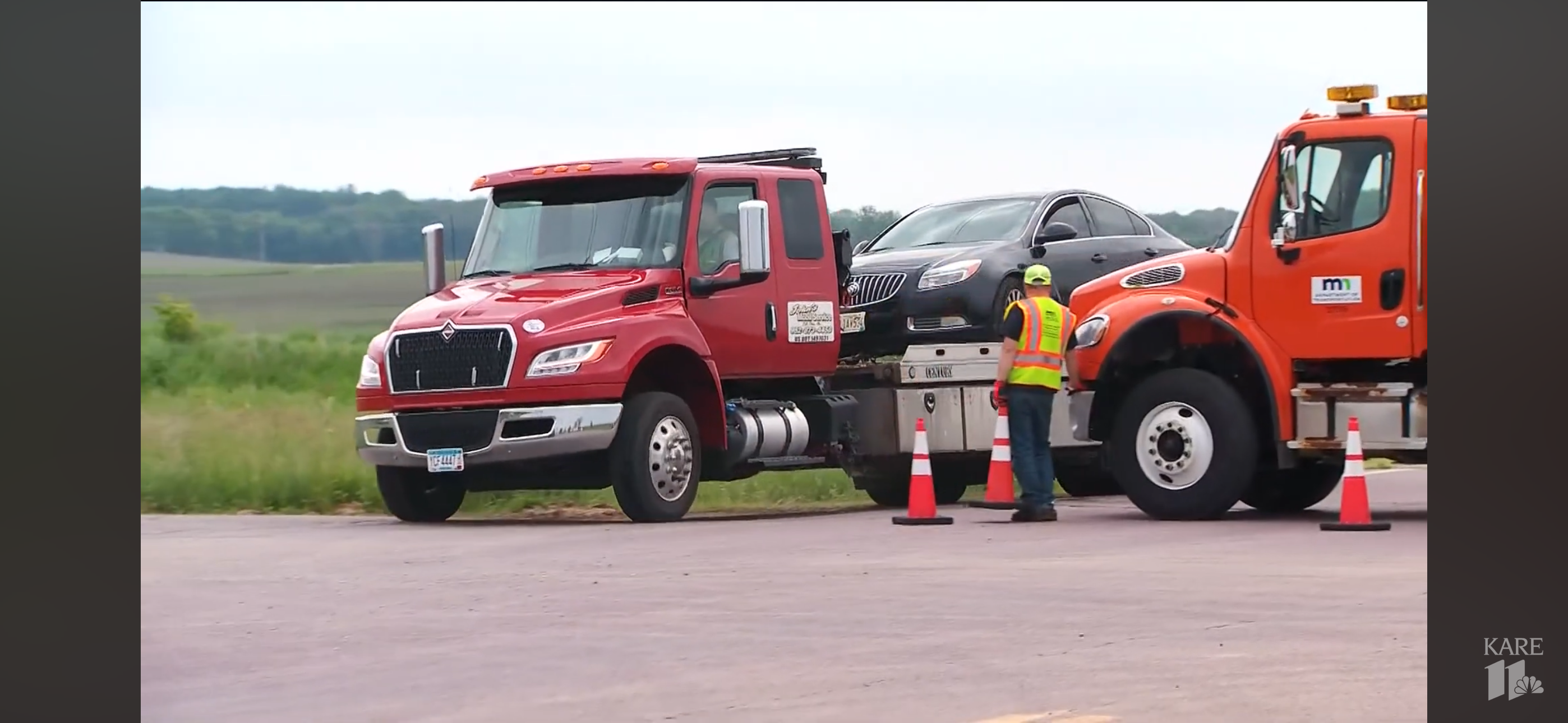MnDOT workers blocked roadways to ensure law enforcement could do their jobs properly. This was the suspect's vehicle being towed from near the scene where he was eventually captured.