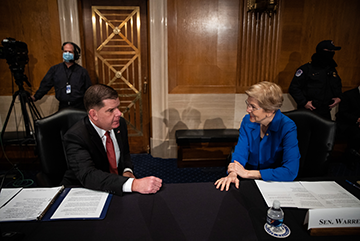 AFSCME celebrates Walsh’s confirmation as labor secretary Labor secretary nominee Marty Walsh speaks with Senator Elizabeth Warren (D-MA) at his confirmation hearing.