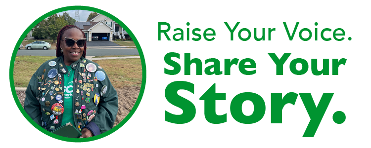 Graphic text that says "Share Your Story" and has a photo of an AFSCME Council 5 member wearing a jacket with many union pins.